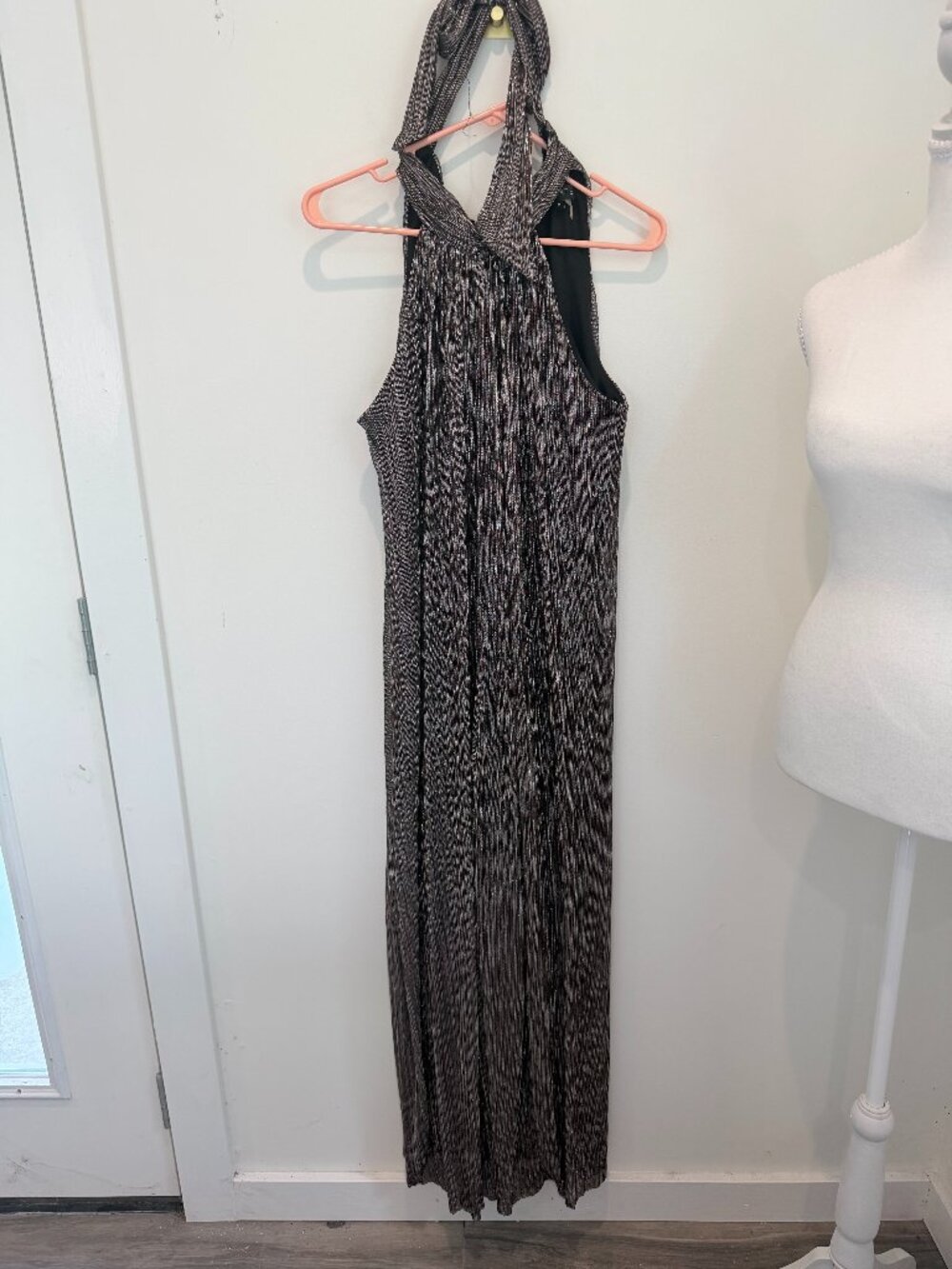 1.STATE Silver Metallic Pleated Halter Jumpsuit Wide Leg Party Cocktail M